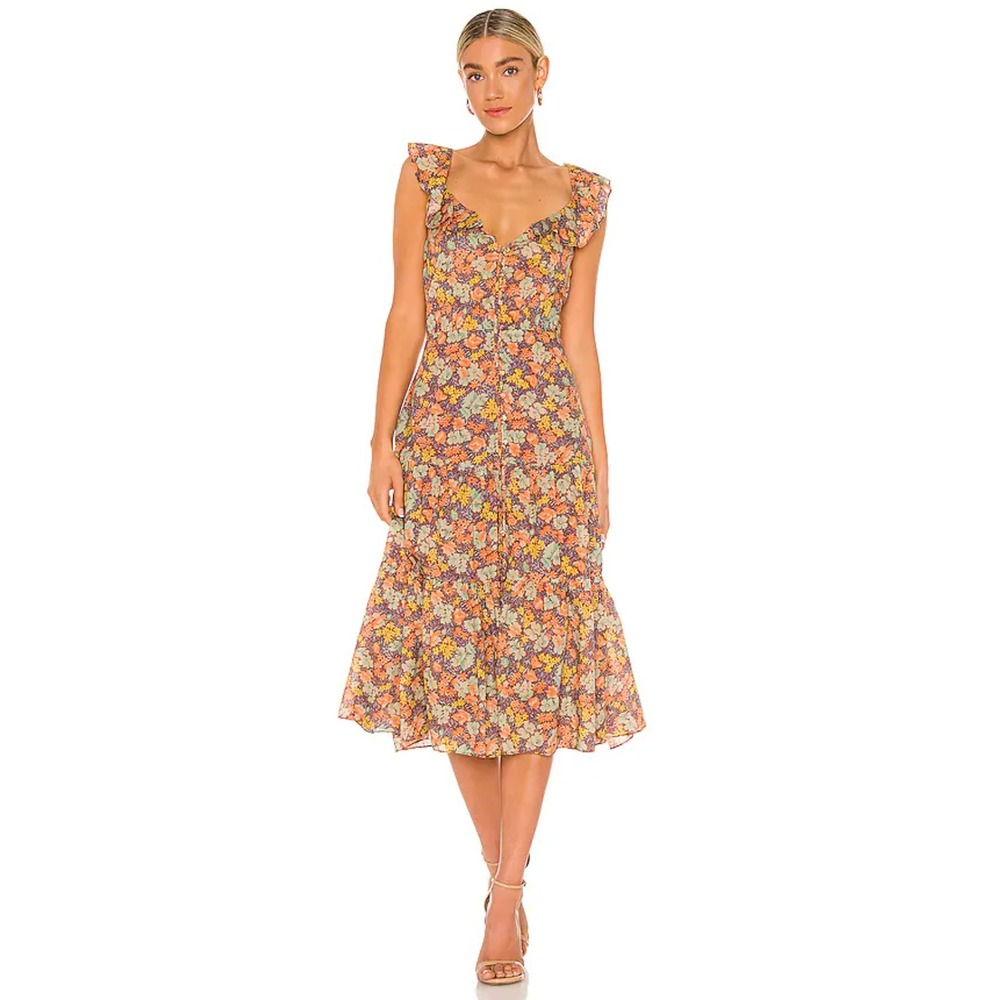Veronica Beard Malgosia Midi Dress Floral Ruffle Cotton 10 Summer Boho Feminine